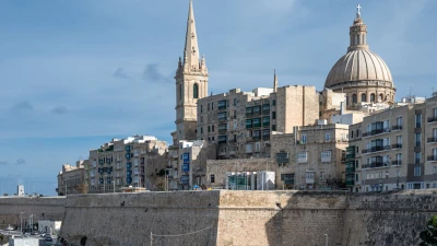 Aerial view of Valletta rooftops and the dome of the Basilica of Our Lady of Mount Carmel