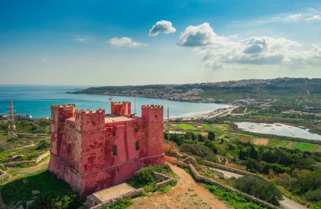 St Agatha's Tower, the Red Tower, above Mellieħa and the sea