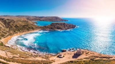 Golden Bay beach and turquoise sea in Malta