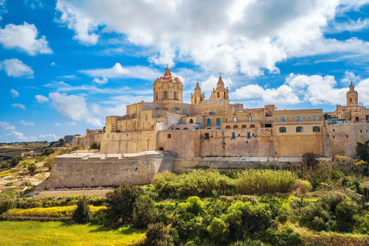 Mdina, Malta's old capital, on its hilltop on a sunny day