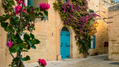 Traditional Mdina house with an ornate door and purple bougainvillea