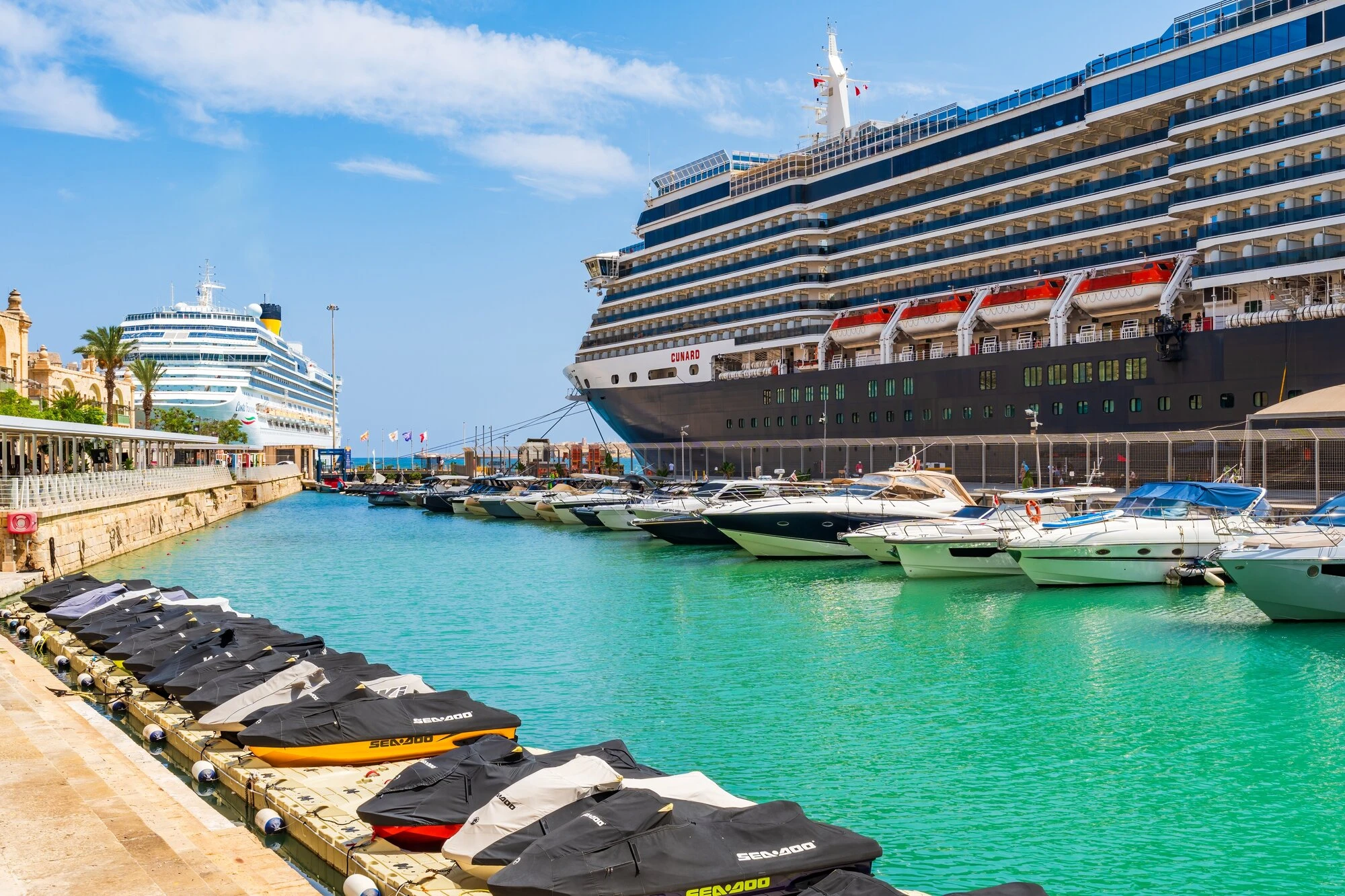 Cruise ships and yachts moored in Valletta's Grand Harbour