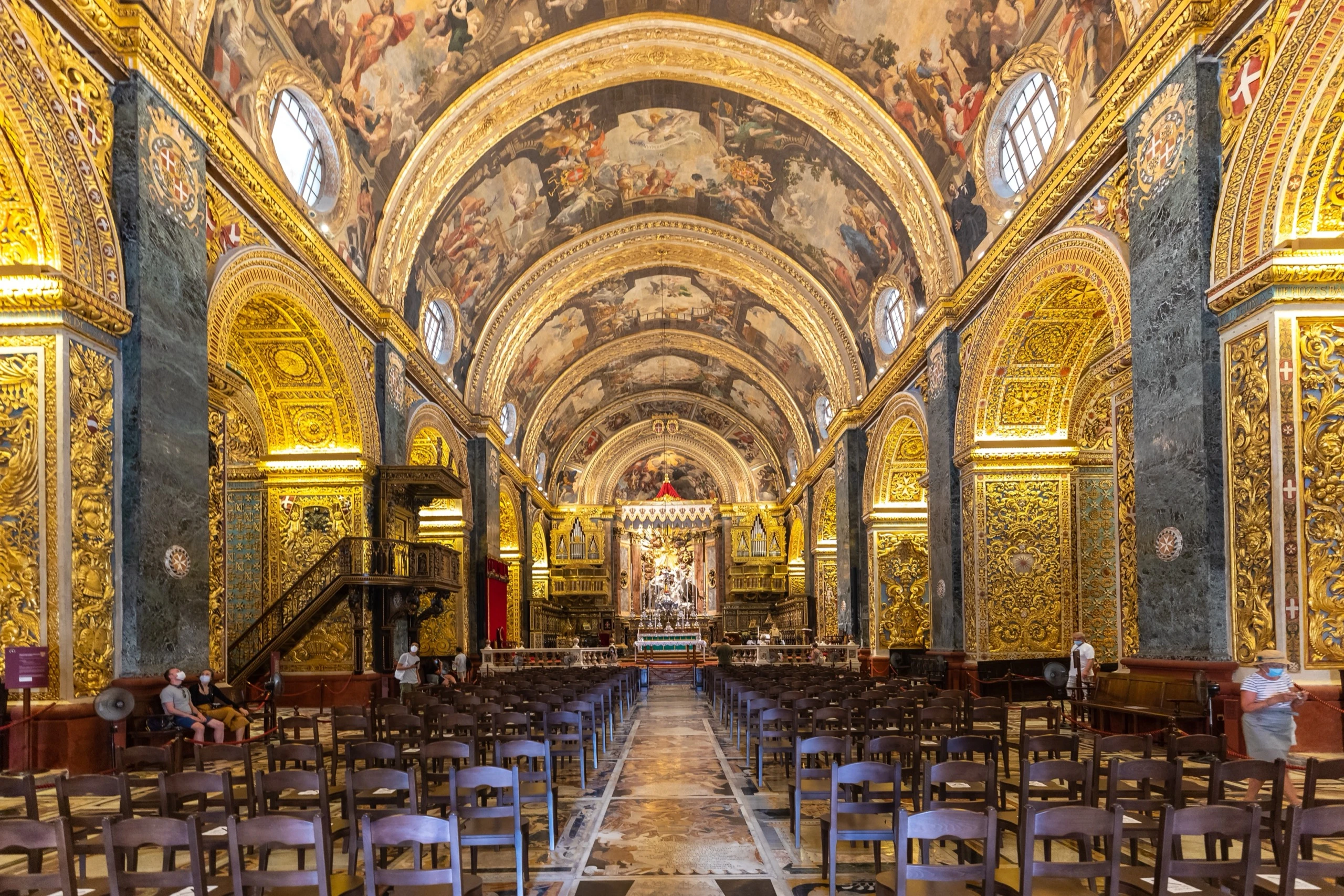 The richly decorated nave and ceiling frescoes of St John's Co-Cathedral